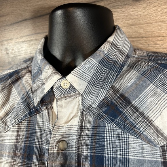 Ariat Retro Fit Shirt Mens Large Blue Brown Plaid Western Pearl Snap Rodeo - Picture 4 of 7